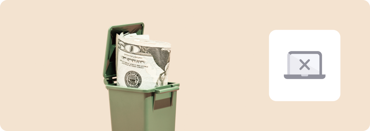 Trash can with money symbolizing financial loss from operational interruptions.